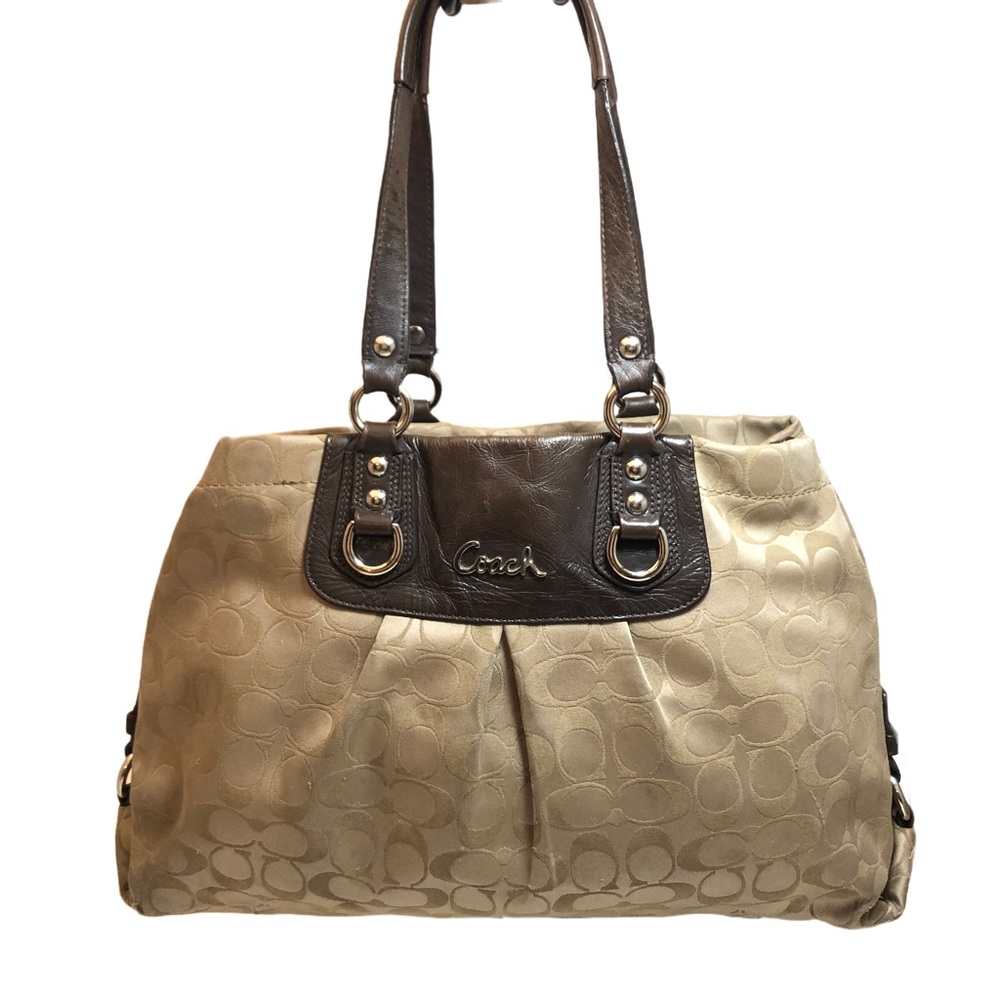 Authenticated Coach Ashley Signature Sateen Carryall Shoulder F15510 Khaki/Brown
